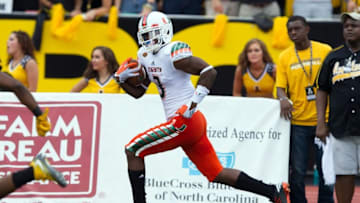 Sep 17, 2016; Boone, NC, USA; Miami Hurricanes wide receiver Stacy Coley (3) runs for a touchdown in the first quarter against the Appalachian State Mountaineers at Kidd Brewer Stadium. Mandatory Credit: Jeremy Brevard-USA TODAY Sports