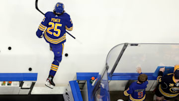 Apr 14, 2022; Buffalo, New York, USA; Buffalo Sabres defenseman Owen Power (25) takes to the ice before a game against the St. Louis Blues at KeyBank Center. Mandatory Credit: Timothy T. Ludwig-USA TODAY Sports