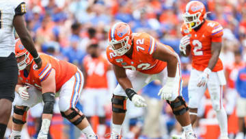 GAINESVILLE, FLORIDA - SEPTEMBER 28: Stone Forsythe #72 of the Florida Gators looks on during the second quarter of a game against the Towson Tigers at Ben Hill Griffin Stadium on September 28, 2019 in Gainesville, Florida. (Photo by James Gilbert/Getty Images)