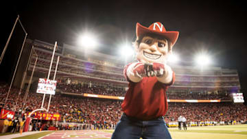 LINCOLN, NE - OCTOBER 27: Herbie Husker celebrates a Nebraska Cornhuskers touchdown against the Michigan Wolverines during their game at Memorial Stadium on October 27, 2012 in Lincoln, Nebraska. Nebraska beat Michigan 23-9. (Photo by Eric Francis/Getty Images)