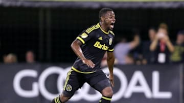Jun 25, 2016; Columbus, OH, USA; Columbus Crew defender Waylon Francis (14) reacts to assisting on the teams