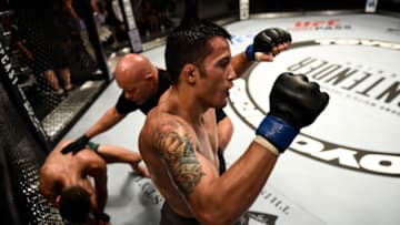 LAS VEGAS, NV - JULY 11: (R-L) Joby Sanchez celebrates his victory over Manny Vazquez in their flyweight bout during Dana White's Tuesday Night Contender Series at the TUF Gym on July 11, 2017 in Las Vegas, Nevada. (Photo by Brandon Magnus/DWTNCS)