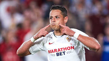 SEVILLE, SPAIN - OCTOBER 27: Javier Hernandez Chicharito of Sevilla FC celebrates scoring his team's opening goal during the Liga match between Sevilla FC and Getafe CF at Estadio Ramon Sanchez Pizjuan on October 27, 2019 in Seville, Spain. (Photo by Quality Sport Images/Getty Images)