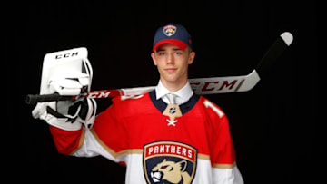 VANCOUVER, BRITISH COLUMBIA - JUNE 21: Spencer Knight poses for a portrait after being selected thirteenth overall by the Florida Panthers during the first round of the 2019 NHL Draft at Rogers Arena on June 21, 2019 in Vancouver, Canada. (Photo by Kevin Light/Getty Images)