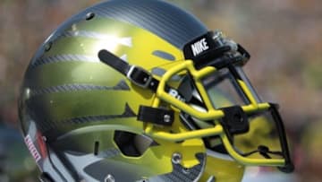 Apr, 27, 2013; Eugene, OR, USA; Oregon Ducks helmet on display at Autzen Stadium. Mandatory Credit: Scott Olmos-USA TODAY Sports