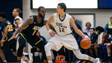 WASHINGTON, DC - FEBRUARY 17: Virginia Commonwealth Rams guard Mike'l Simms (1) defends against George Washington Colonials guard Yuta Watanabe (12) during an Atlantic 10 men's basketball game between the George Washington Colonials and the VCU Rams on February 17, 2018, at the Charles E. Smith Center, in Washington, D.C. G.W.defeated VCU 80-56.(Photo by Tony Quinn/Icon Sportswire via Getty Images)