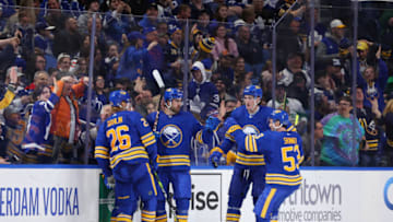 Feb 21, 2023; Buffalo, New York, USA; Buffalo Sabres right wing Alex Tuch (89) celebrates his goal with teammates during the third period against the Toronto Maple Leafs at KeyBank Center. Mandatory Credit: Timothy T. Ludwig-USA TODAY Sports