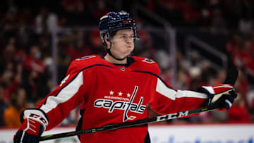 WASHINGTON, DC - JANUARY 24: Connor McMichael #24 of the Washington Capitals reacts to a play against the Vegas Golden Knights during the second period of the game at Capital One Arena on January 24, 2022 in Washington, DC. (Photo by Scott Taetsch/Getty Images)