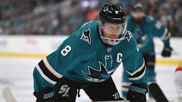 SAN JOSE, CA - APRIL 10: Joe Pavelski #8 of the San Jose Sharks wears a new guard on his helmet against the Vegas Golden Knights during the second period in Game One of the Western Conference First Round during the 2019 NHL Stanley Cup Playoffs at SAP Center on April 10, 2019 in San Jose, California. Pavelski scored a goal after a puck ricochet off of his face in the first period. (Photo by Thearon W. Henderson/Getty Images)