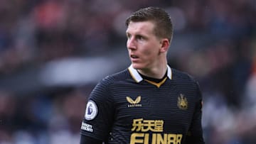 LONDON, ENGLAND - FEBRUARY 19: Matt Targett of Newcastle United looks on during the Premier League match between West Ham United and Newcastle United at London Stadium on February 19, 2022 in London, England. (Photo by Alex Burstow/Getty Images)