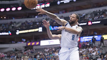 Oct 11, 2016; Dallas, TX, USA; Dallas Mavericks guard Deron Williams (8) passes the ball against the Oklahoma City Thunder during the first quarter at the American Airlines Center. Mandatory Credit: Jerome Miron-USA TODAY Sports