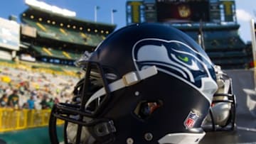 Aug 23, 2013; Green Bay, WI, USA; A Seattle Seahawks helmet during warmups prior to the game against the Green Bay Packers at Lambeau Field. Seattle won 17-10. Mandatory Credit: Jeff Hanisch-USA TODAY Sports
