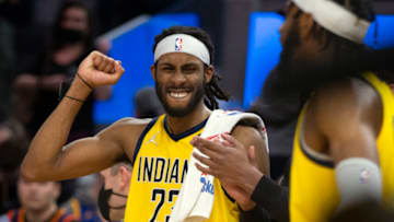 Jan 20, 2022; San Francisco, California, USA; Indiana Pacers forward Isaiah Jackson (23) reacts to his teamÕs 121-117 victory over the Golden State Warriors in overtime at Chase Center. Mandatory Credit: D. Ross Cameron-USA TODAY Sports