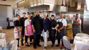 Host Geoffrey Zakarian with Contestants Jesa Henneberry, Mariana Alvarado, Demetrius Baxter, Coby Farrow, Brett Vibber, Alicia Watson, Torrece Gregoire aka “Chef T”, and Leo Davila as seen on Big Restaurant Bet, Season 1.