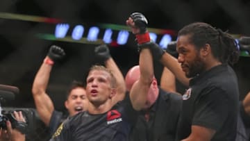 Jul 25, 2015; Chicago, IL, USA; Renan Barao (blue gloves) fights against TJ Dillashaw (red gloves) during UFC Fight Night at United Center. Mandatory Credit: Dennis Wierzbicki-USA TODAY Sports