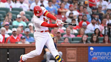 ST LOUIS, MO - May 17: Nolan Arenado #28 of the St. Louis Cardinals hits his 1,000th RBI in the MLB against the Milwaukee Brewers in the first inning at Busch Stadium on May 17, 2023 in St Louis, Missouri. (Photo by Joe Puetz/Getty Images)
