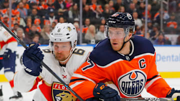 Edmonton Oilers Forward Connor McDavid, #97, Battles With A Florida Panthers Defenseman Mandatory Credit: Perry Nelson-USA TODAY Sports