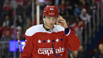 WASHINGTON, DC - MARCH 26: Washington Capitals left wing Andre Burakovsky (65) looks through his visor during the Carolina Hurricanes vs. Washington Capitals NHL game March 26, 2019 at Capital One Arena in Washington, D.C.. (Photo by Randy Litzinger/Icon Sportswire via Getty Images)