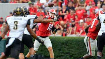 Oct 15, 2016; Athens, GA, USA; Georgia Bulldogs quarterback Jacob Eason (10) passes the ball against the Vanderbilt Commodores during the second half at Sanford Stadium. Vanderbilt defeated Georgia 17-16. Mandatory Credit: Dale Zanine-USA TODAY Sports