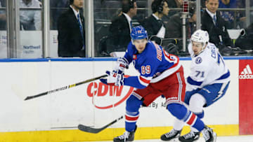NEW YORK, NY - FEBRUARY 27: New York Rangers right wing Pavel Buchnevich (89) skates with puck as Tampa Bay Lightning center Anthony Cirelli (71) defends during the Tampa Bay Lightning and New York Rangers NHL game on February 27, 2019, at Madison Square Garden in New York, NY. (Photo by John Crouch/Icon Sportswire via Getty Images)