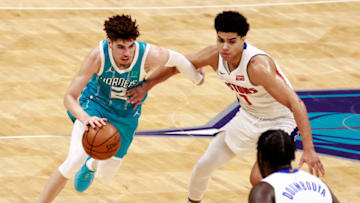 LaMelo Ball #2 of the Charlotte Hornets drives against Killian Hayes #7 of the Detroit Pistons d (Photo by Grant Halverson/Getty Images)