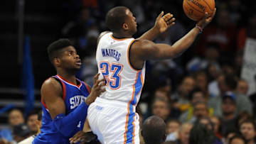 Mar 4, 2015; Oklahoma City, OK, USA; Oklahoma City Thunder guard Dion Waiters (23) attempts a shot against Philadelphia 76ers center Nerlens Noel (4) during the second quarter at Chesapeake Energy Arena. Mandatory Credit: Mark D. Smith-USA TODAY Sports