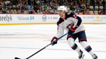 Sep 24, 2023; Pittsburgh, Pennsylvania, USA; Columbus Blue Jackets defenseman Adam Boqvist (27) skates with the puck against the Pittsburgh Penguins in the shootout at PPG Paints Arena. Mandatory Credit: Charles LeClaire-USA TODAY Sports