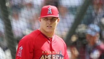 Jul 15, 2014; Minneapolis, MN, USA; American League outfielder Mike Trout (27) of the Los Angeles Angels before the 2014 MLB All Star Game at Target Field. Mandatory Credit: Jesse Johnson-USA TODAY Sports