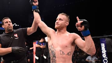 LAS VEGAS, NV - JULY 07: Justin Gaethje celebrates after defeating Michael Johnson in their lightweight bout during The Ultimate Fighter Finale at T-Mobile Arena on July 7, 2017 in Las Vegas, Nevada. (Photo by Brandon Magnus/Zuffa LLC/Zuffa LLC via Getty Images)