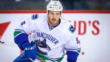 Sep 25, 2015; Calgary, Alberta, CAN; Vancouver Canucks right wing Brandon Prust (9) skates during the warmup period against the Calgary Flames at Scotiabank Saddledome. Mandatory Credit: Sergei Belski-USA TODAY Sports