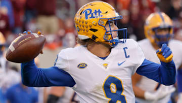 Oct 16, 2021; Blacksburg, Virginia, USA; Pittsburgh Panthers quarterback Kenny Pickett (8) throws a pass during the second half against the Virginia Tech Hokies at Lane Stadium. Mandatory Credit: Reinhold Matay-USA TODAY Sports