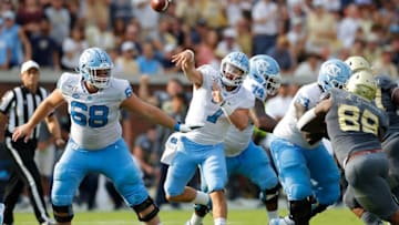 ATLANTA, GEORGIA - OCTOBER 05: Sam Howell #7 of the North Carolina Tar Heels passes against the Georgia Tech Yellow Jackets in the first half at Bobby Dodd Stadium on October 05, 2019 in Atlanta, Georgia. (Photo by Kevin C. Cox/Getty Images)