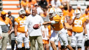 KNOXVILLE, TENNESSEE - AUGUST 31: J.T. Shrout #12 of the Tennessee Volunteers warms up before facing the Georgia State Panthers during the season opener at Neyland Stadium on August 31, 2019 in Knoxville, Tennessee. (Photo by Silas Walker/Getty Images)