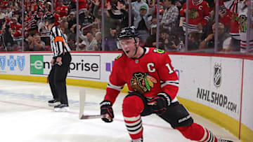 CHICAGO, ILLINOIS - APRIL 13: Jonathan Toews #19 of the Chicago Blackhawks celebrates a goal against the Philadelphia Flyers during the second period at United Center on April 13, 2023 in Chicago, Illinois. (Photo by Stacy Revere/Getty Images)