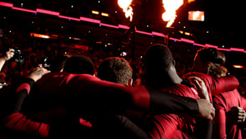 MIAMI, FL - OCTOBER 20: The Miami Heat huddles up against the Charlotte Hornets on October 20, 2018 at American Airlines Arena in Miami, Florida. NOTE TO USER: User expressly acknowledges and agrees that, by downloading and or using this Photograph, user is consenting to the terms and conditions of the Getty Images License Agreement. Mandatory Copyright Notice: Copyright 2018 NBAE (Photo by Issac Baldizon/NBAE via Getty Images)
