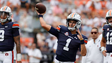 Auburn footballSep 2, 2023; Auburn, Alabama, USA; Auburn Tigers quarterback Payton Thorne (1) throws during warm ups before the game against the Massachusetts Minutemen at Jordan-Hare Stadium. Mandatory Credit: John Reed-USA TODAY Sports