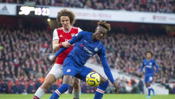 LONDON, ENGLAND - DECEMBER 29: David Luiz of Arsenal and Tammy Abraham of Chelsea during to the Premier League match between Arsenal FC and Chelsea FC at Emirates Stadium on December 29, 2019 in London, United Kingdom. (Photo by Visionhaus)