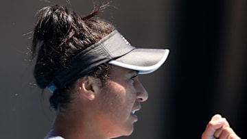 MELBOURNE, AUSTRALIA - FEBRUARY 09: Heather Watson of Great Britain celebrates after winning a point in her Women's Singles first round match against Kristyna Pliskova of Czech Republic during day two of the 2021 Australian Open at Melbourne Park on February 09, 2021 in Melbourne, Australia. (Photo by Cameron Spencer/Getty Images)