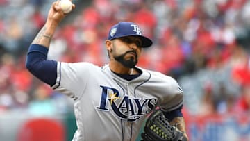 ANAHEIM, CA - MAY 20: Sergio Romo #54 of the Tampa Bay Rays pitches in the first inning of the game against the Los Angeles Angels of Anaheim at Angel Stadium on May 20, 2018 in Anaheim, California. (Photo by Jayne Kamin-Oncea/Getty Images)