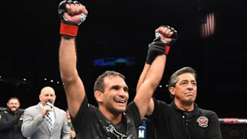 LINCOLN, NE - AUGUST 25: Rani Yahya of Brazil celebrates after his submission victory over Luke Sanders in their bantamweight fight during the UFC Fight Night event at Pinnacle Bank Arena on August 25, 2018 in Lincoln, Nebraska. (Photo by Josh Hedges/Zuffa LLC/Zuffa LLC via Getty Images)