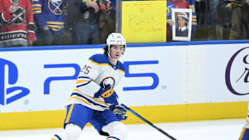 Apr 12, 2022; Toronto, Ontario, CAN; Buffalo Sabres defenseman Owen Power (25) warms up before playing the Toronto Maple Leafs at Scotiabank Arena. Mandatory Credit: Dan Hamilton-USA TODAY Sports