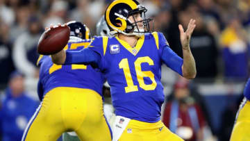 LOS ANGELES, CA - JANUARY 12: Jared Goff #16 of the Los Angeles Rams throws the ball during the NFC Divisional Playoff game against the Dallas Cowboys at Los Angeles Memorial Coliseum on January 12, 2019 in Los Angeles, California. The Rams defeated the Cowboys 30-22. (Photo by Sean M. Haffey/Getty Images)