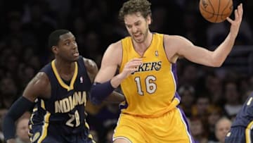Jan 28, 2014; Los Angeles, CA, USA; Indiana Pacers center Ian Mahinmi (28) guards Los Angeles Lakers center Pau Gasol (16) during the second half at Staples Center. Mandatory Credit: Richard Mackson-USA TODAY Sports