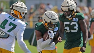 Green Bay Packers linebacker Kobe Jones (49) carries the ball during training camp Wednesday, August 10, 2022, at Ray Nitschke Field in Green Bay, Wis. Dan Powers/USA TODAY NETWORK-WisconsinApc Packtrainingcamp 0810220508djp