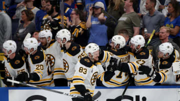 ST. LOUIS, MISSOURI - JUNE 09: Karson Kuhlman #83 of the Boston Bruins skates by the Bruins bench to celebrate his goal during the third period of Game Six of the 2019 NHL Stanley Cup Final at Enterprise Center on June 09, 2019 in St Louis, Missouri. (Photo by Dave Sandford/NHLI via Getty Images)