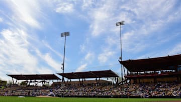 GLENDALE, AZ - MARCH 01: A general view as Scott Alexander #75 of the Los Angeles Dodgers delivers a pitch against the Cleveland Indians in the spring training game at Camelback Ranch on March 1, 2018 in Glendale, Arizona. (Photo by Jennifer Stewart/Getty Images)