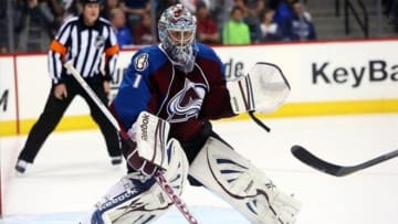 Apr 27, 2013; Denver, CO, USA; Colorado Avalanche goalie Semyon Varlamov (1) during the third period against the Minnesota Wild at the Pepsi Center. The Wild won 3-1. Mandatory Credit: Chris Humphreys-USA TODAY Sports