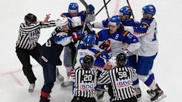 EDMONTON, AB - JANUARY 02: United States players scuffle with Slovakia players during the 2021 IIHF World Junior Championship quarterfinals at Rogers Place on January 2, 2021 in Edmonton, Canada. (Photo by Codie McLachlan/Getty Images)
