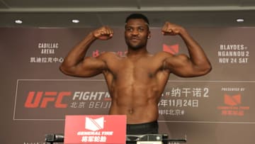 BEIJING, CHINA - NOVEMBER 23: Francis Ngannou poses on the scale during the UFC Fight Night weigh-in at Wanda Realm Hotel on November 23, 2018 in Beijing, China. (Photo by Emmanuel Wong/Getty Images)