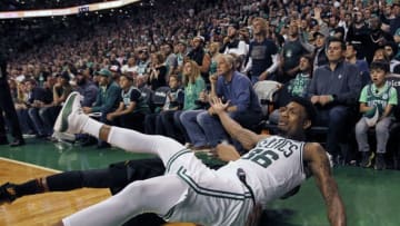 BOSTON, MA - MAY 27: Boston Celtics Marcus Smart looks for a foul call that never came as he and the Cavaliers George Hill hit the floor together in the second half. The Boston Celtics hosted the Cleveland Cavaliers for Game Seven of their NBA Eastern Conference Finals playoff series at TD Garden in Boston on May 27, 2018. (Photo by Jim Davis/The Boston Globe via Getty Images)